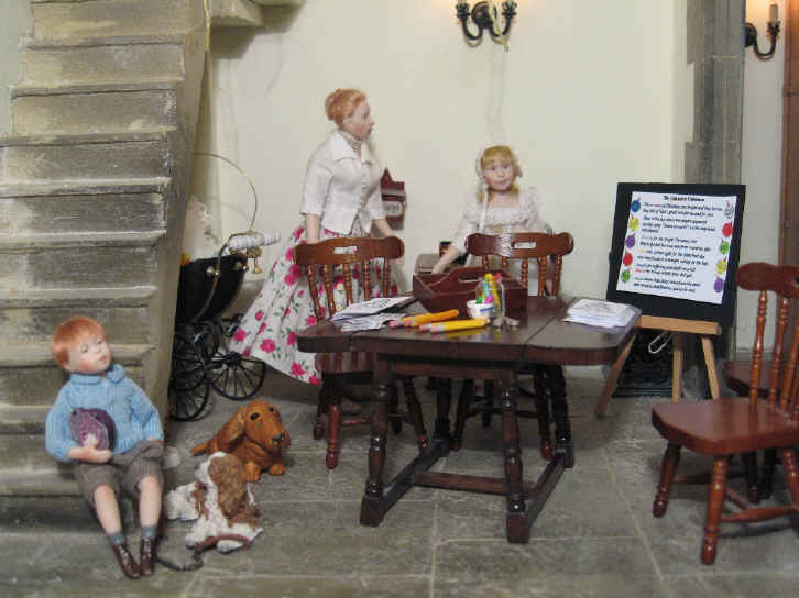 Miss Esther and Alice are busy preparing the Advent lesson for the children.  Robert Alexander is seen lounging on the bell tower steps with a purple cabbage and Georgie, his dog, is sitting at his feet.